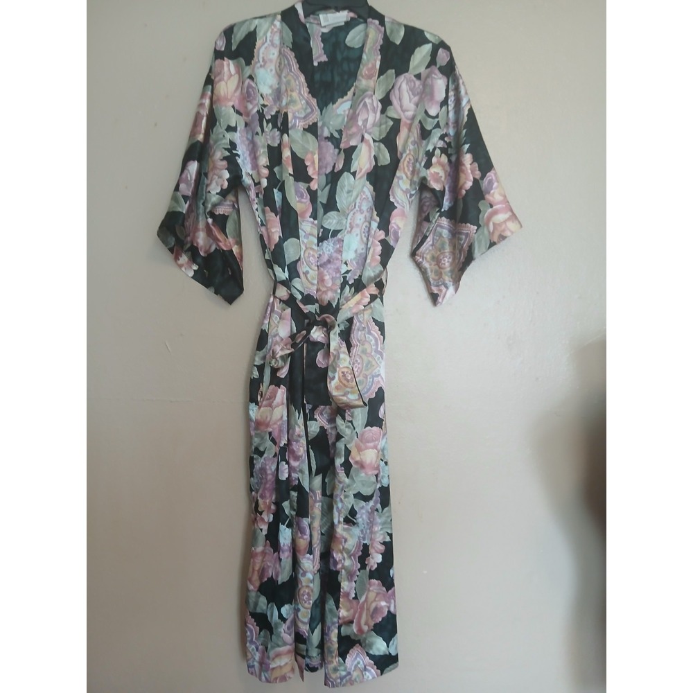 California Dynasty Robe Small Floral Satin Belted Cottage Core Boho Vintage 90s